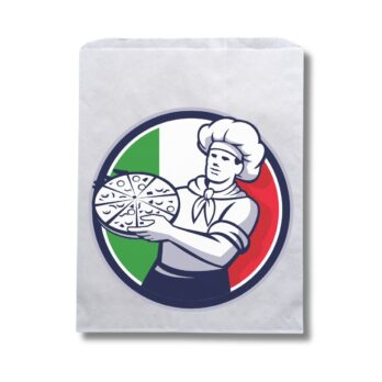 Photo of a paper pizza bag.