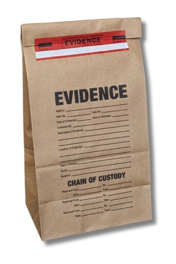 Photo of sealed paper evidence bag.